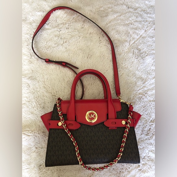 Michael Kors Handbags - Michael Kors Red and Brown Carmen Satchel with Gold Hardware